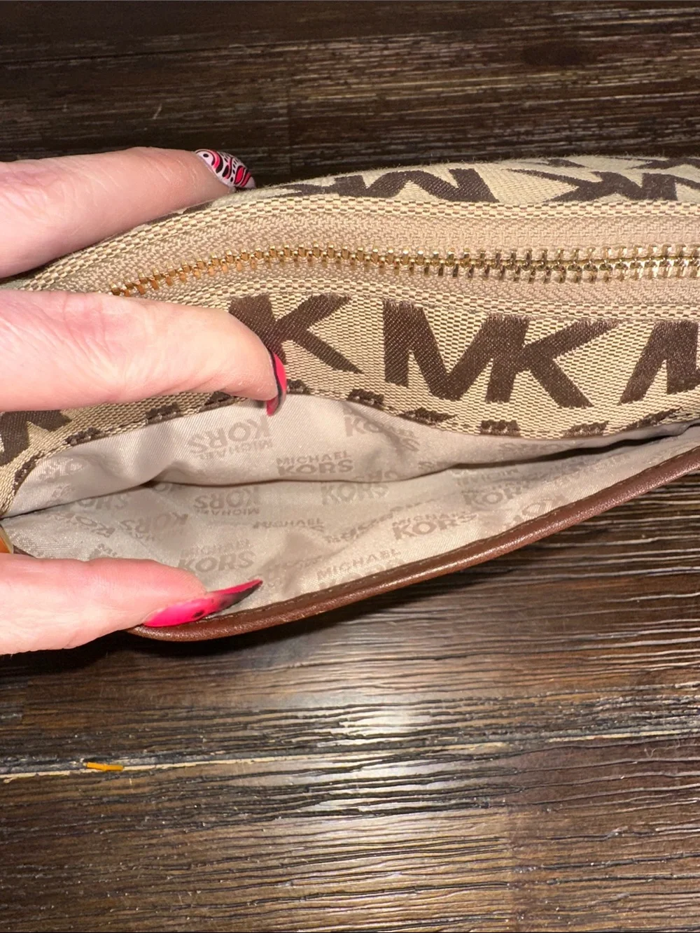 Michael Kors Beige and Brown MK Logo Zip Pouch Cosmetic bag!